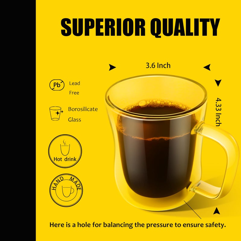PunPun Coffee 12oz.350ml Glass Mugs Espresso Cups Coffee Glass Cups Champagne Glass Clear Drinking Cups, Tea Cups Wine Glass, Microwave Safe Borosilicate Glass Cup (12 OZ./Set of 2) - Image 4